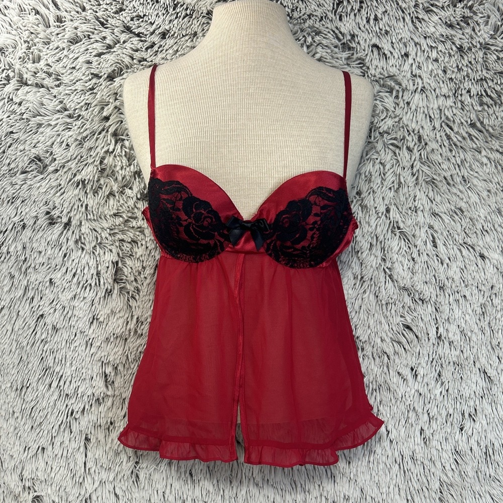 Red Sheer Black Lace Ruffle Lingerie Top Babydoll Coquette Sexy Feminine Medium